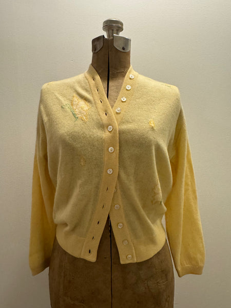 vintage 1950s yellow BALLANTYNE cashmere cardigan sweater BUTTERFLY intarsia SWEATER GAL S - M