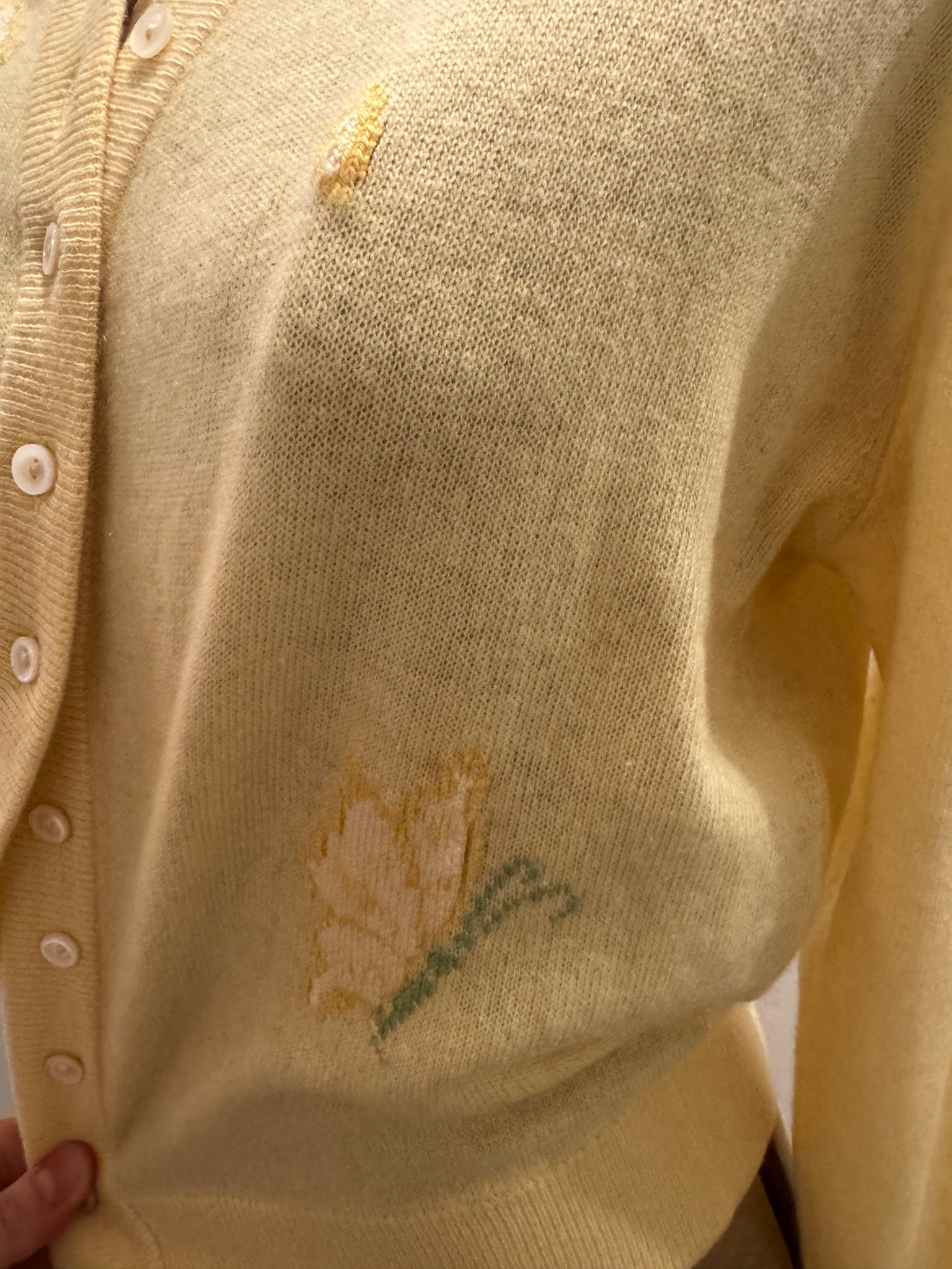 vintage 1950s yellow BALLANTYNE cashmere cardigan sweater BUTTERFLY intarsia SWEATER GAL S - M