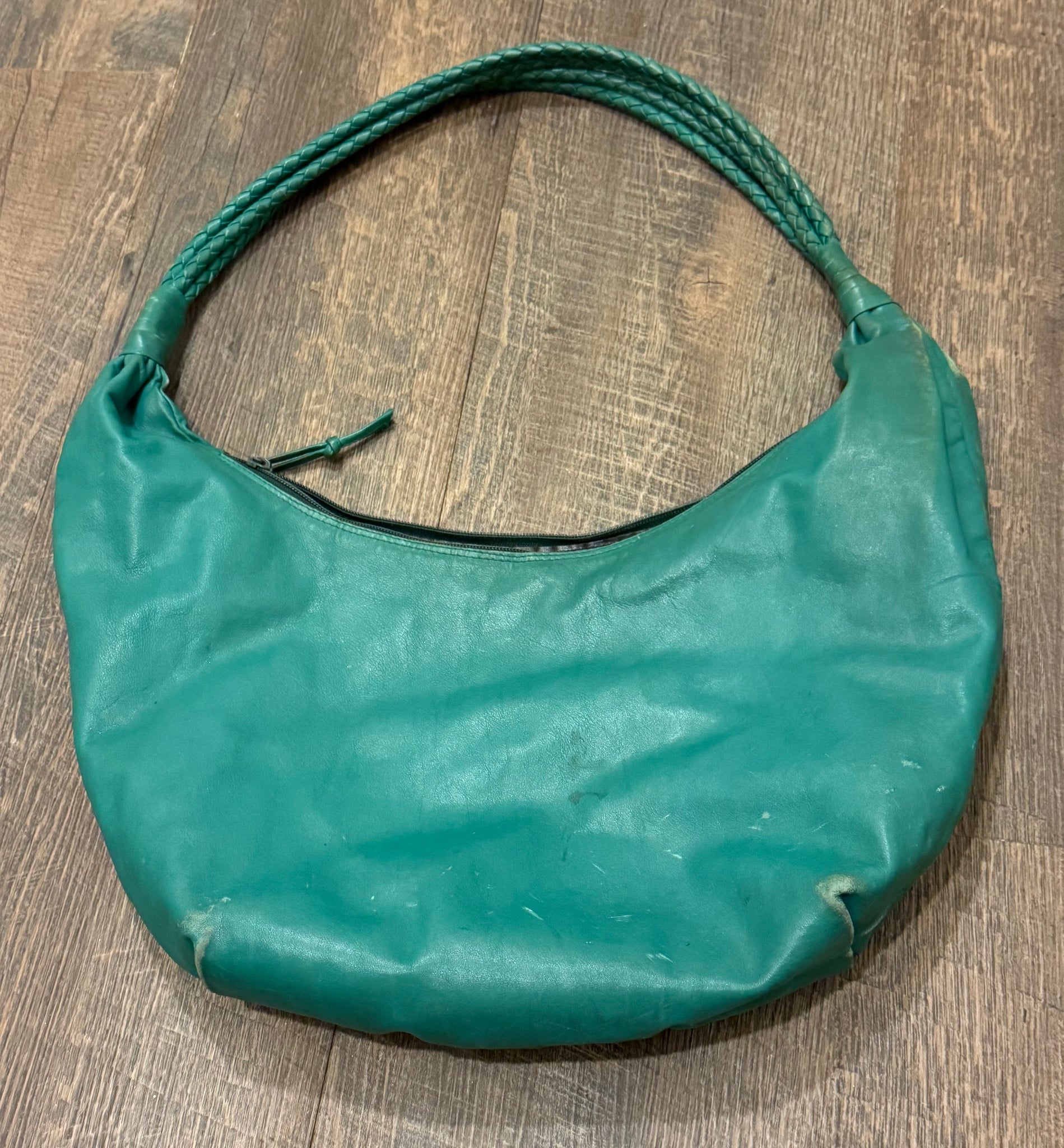 vintage 1980s seafoam green Bottega Veneta leather bag slouchy HOBO purse WOVEN straps