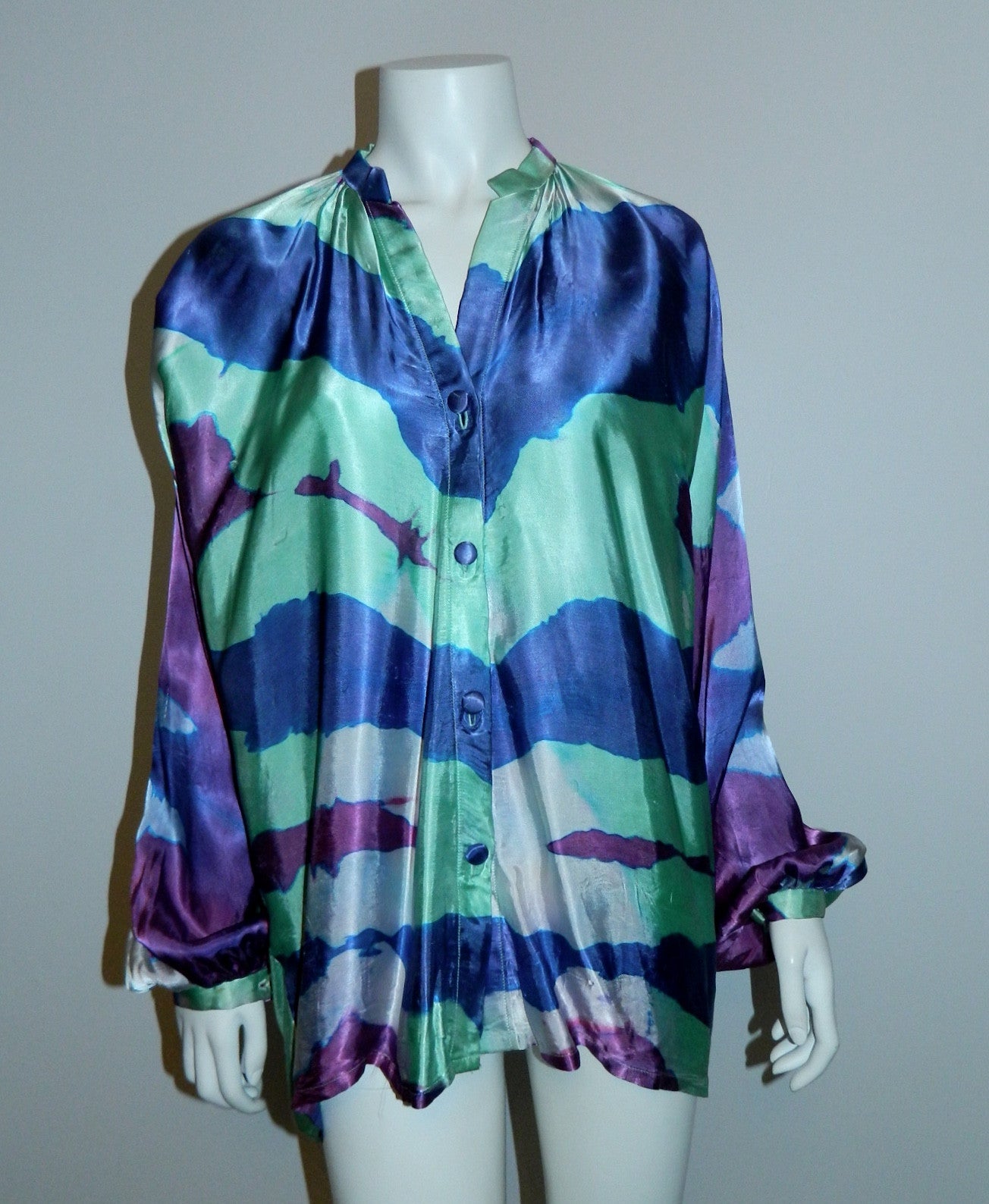 purple waves satin blouse / 1970s hand dyed vintage top / artist made OOAK
