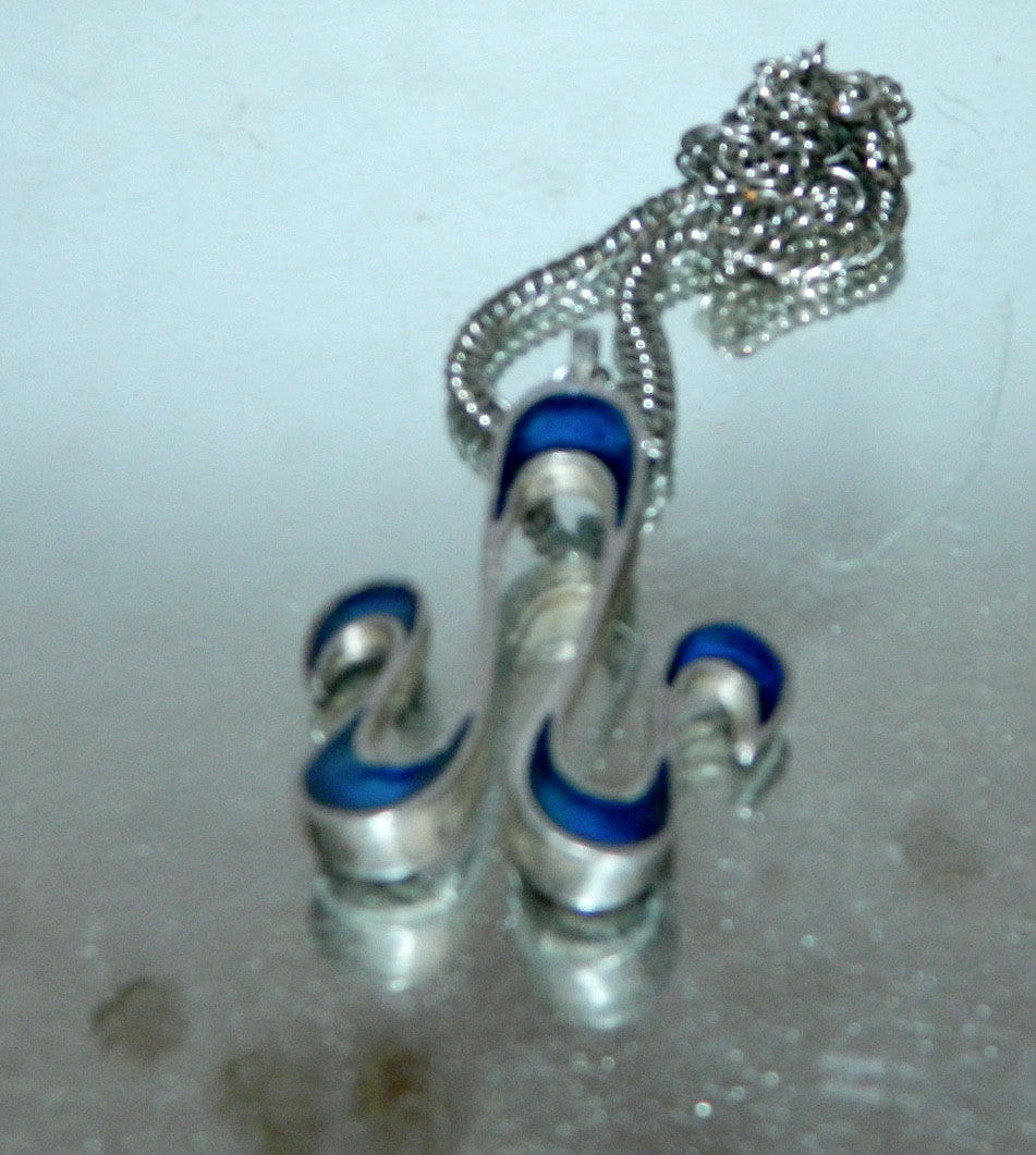 vintage 1960s enamel necklace / Aries Zodiac sign Ram / blue waves pendant MCM