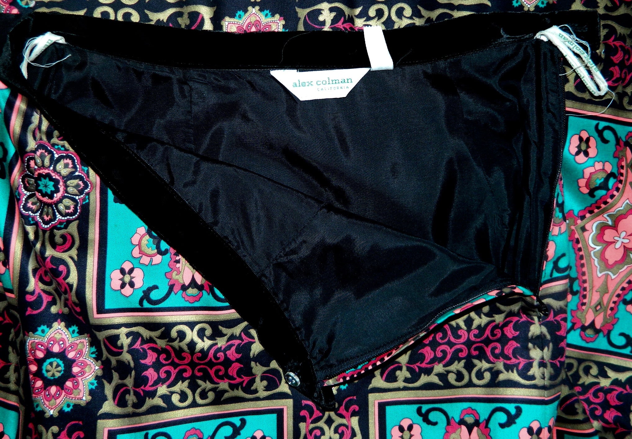 vintage Alex Coleman skirt / teal pink baroque frame print / wool side slit column skirt 1970s