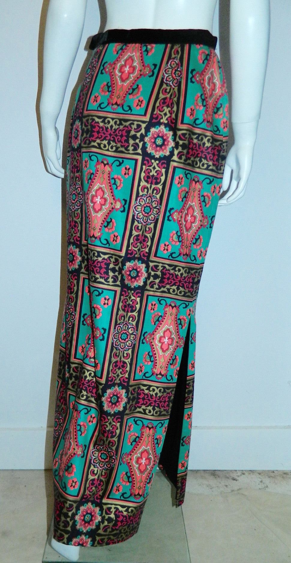 vintage Alex Coleman skirt / teal pink baroque frame print / wool side slit column skirt 1970s