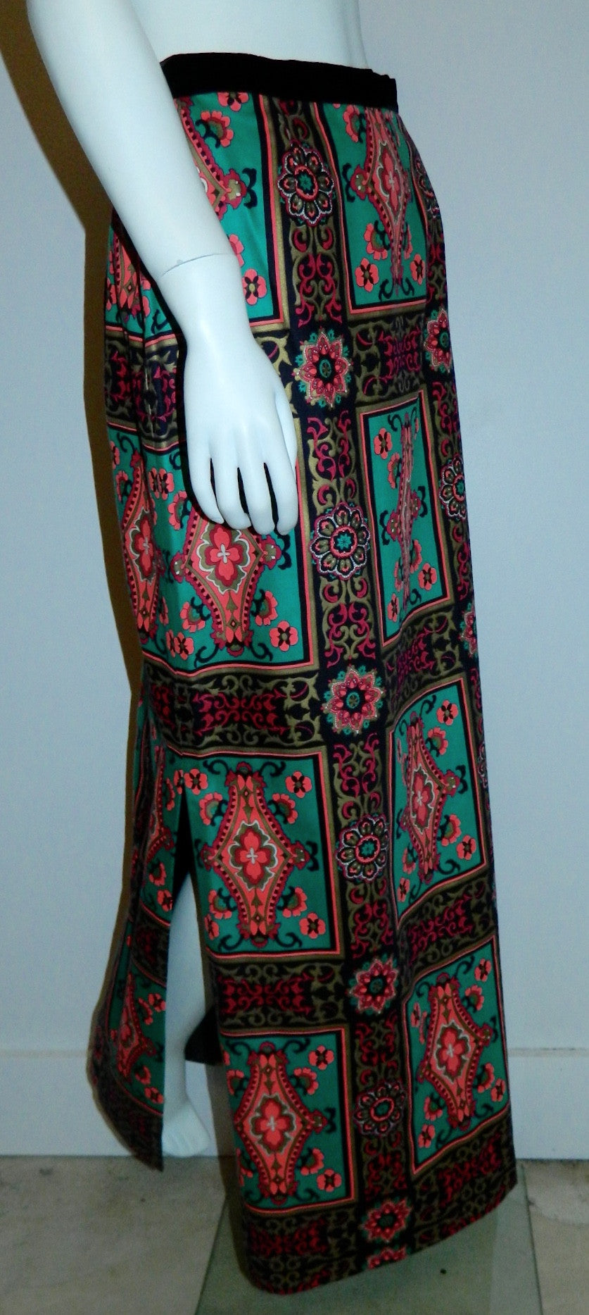 vintage Alex Coleman skirt / teal pink baroque frame print / wool side slit column skirt 1970s
