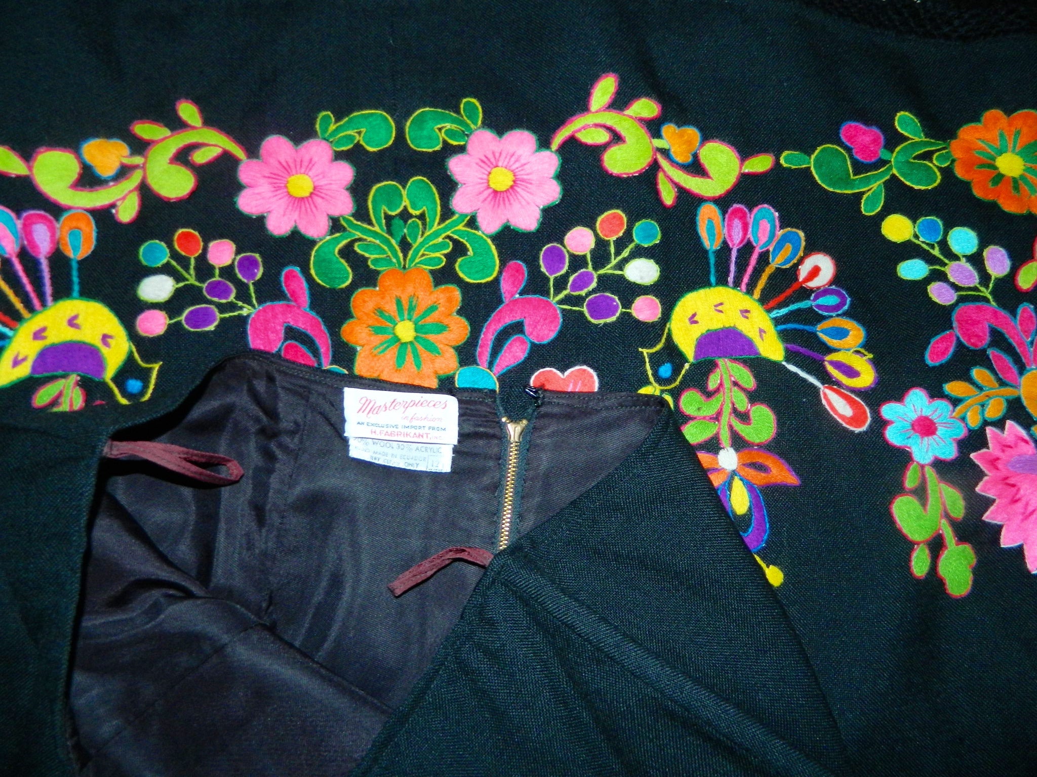 vintage 1970s maxi skirt / black wool Hand Embroidery psychedelic birds flowers Ecuador M