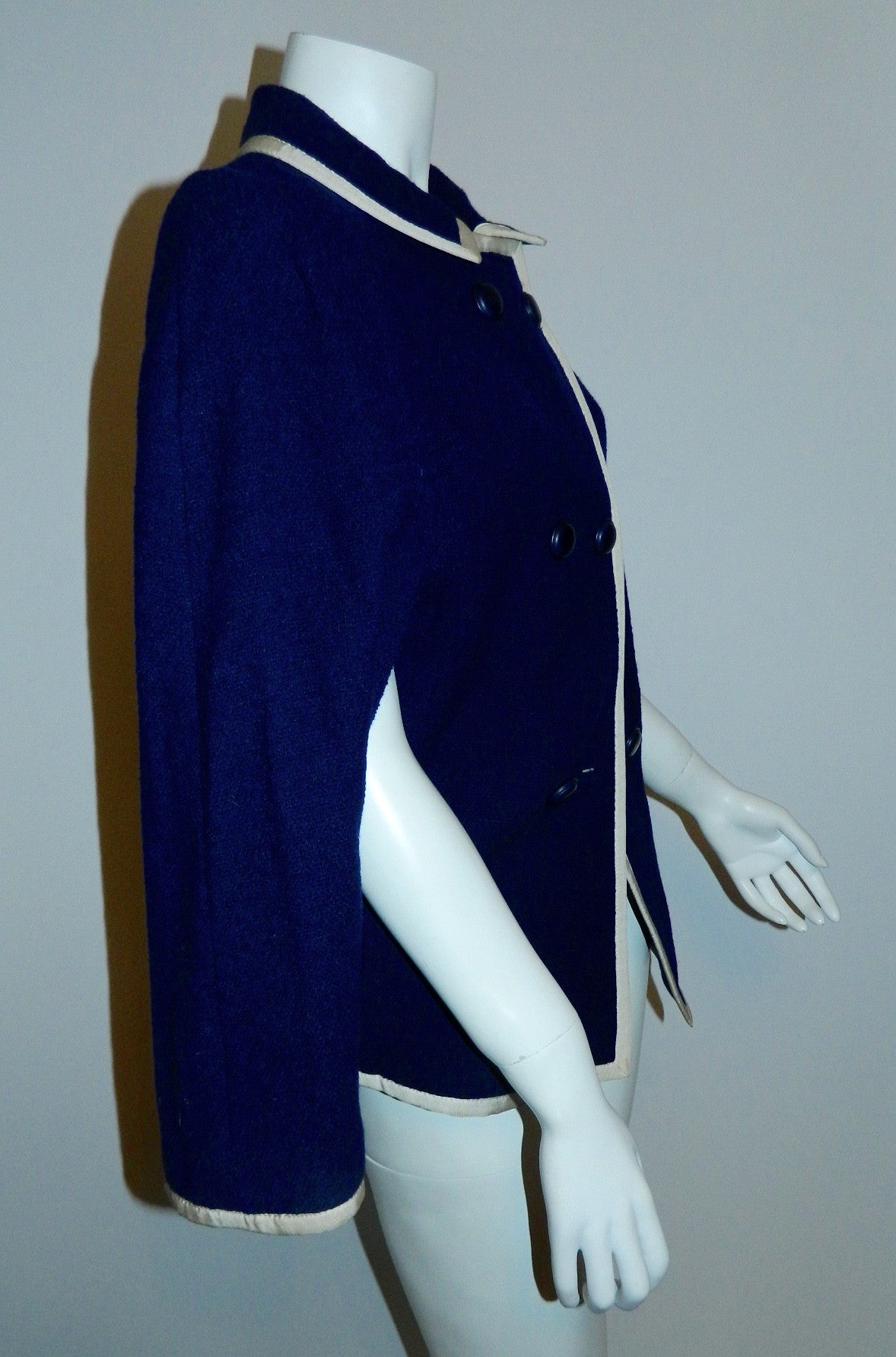 vintage 1960s blue wool cape / Handmacher navy boucle capelet jacket /white grosgrain trim