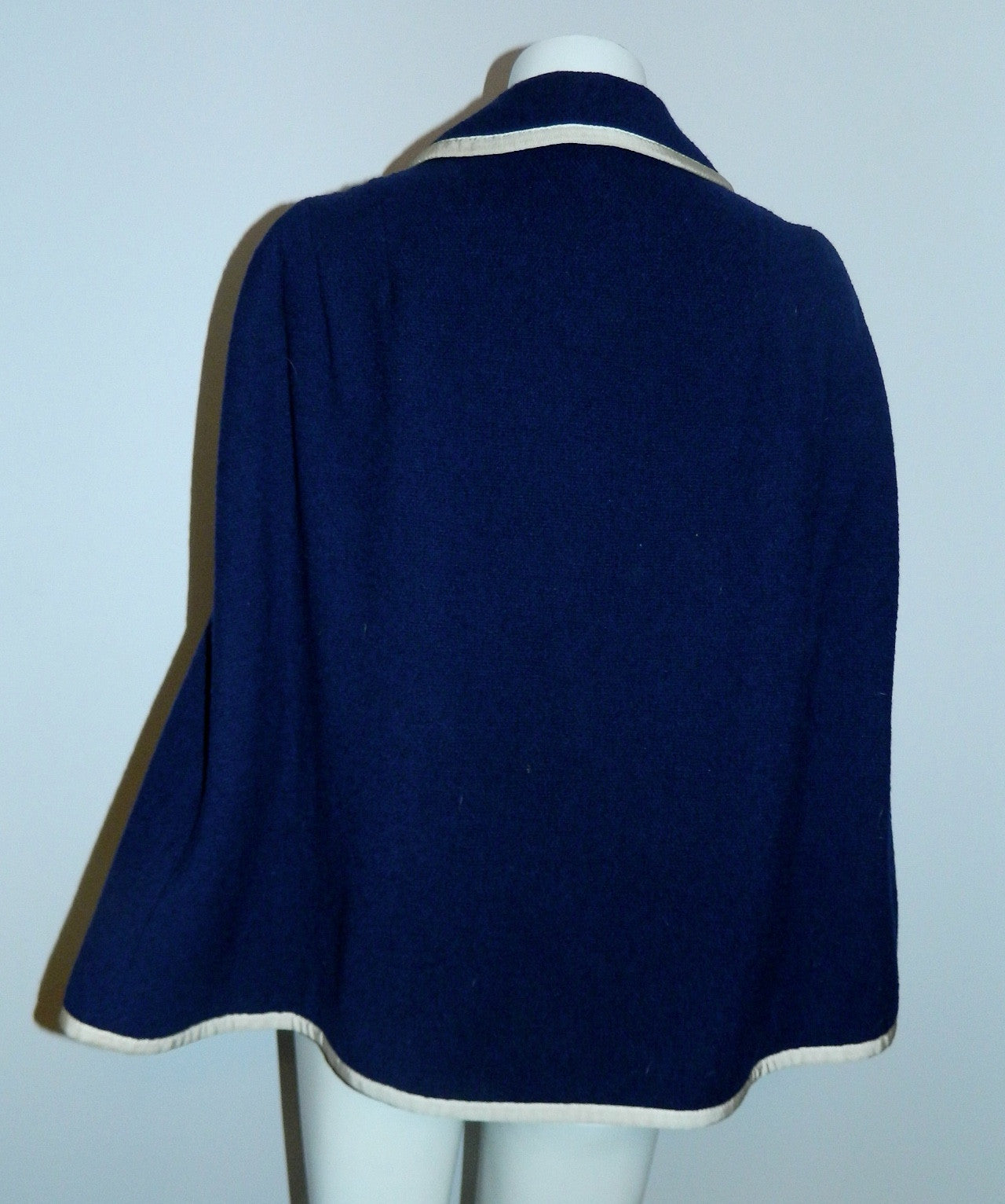 vintage 1960s blue wool cape / Handmacher navy boucle capelet jacket /white grosgrain trim