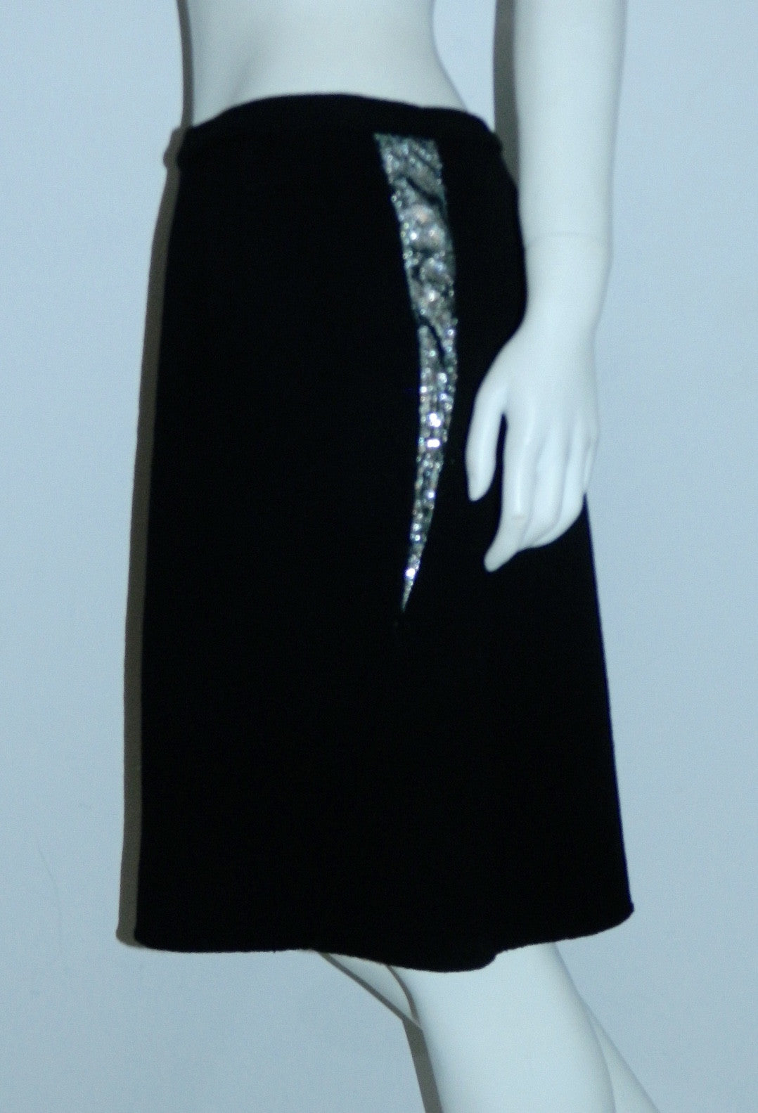 black wool Geoffrey Beene skirt silver lightning bolts / side seams 1980s vintage
