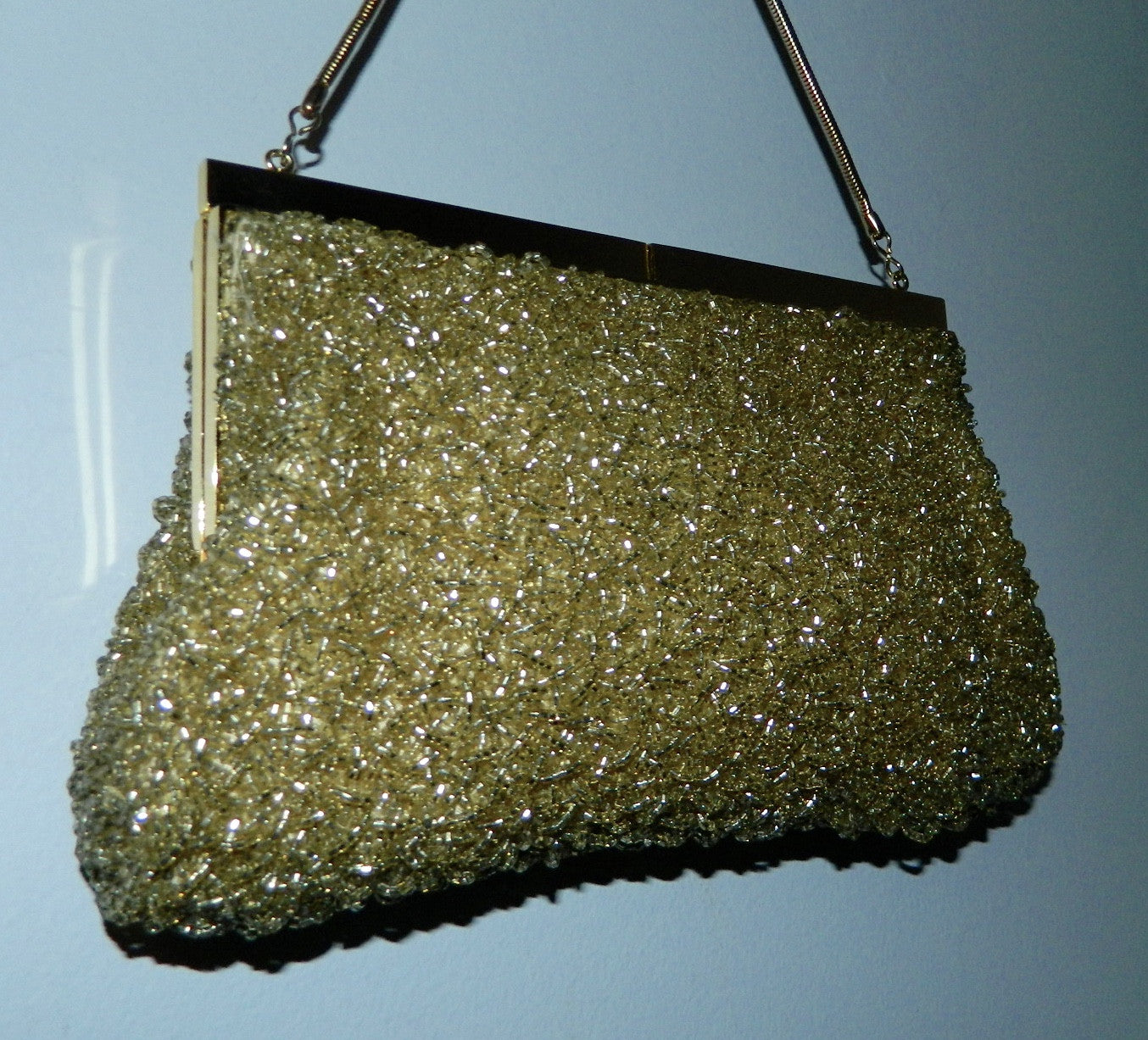 vintage 1950s gold evening bag Mr. John beaded purse Mother of Pearl clasp