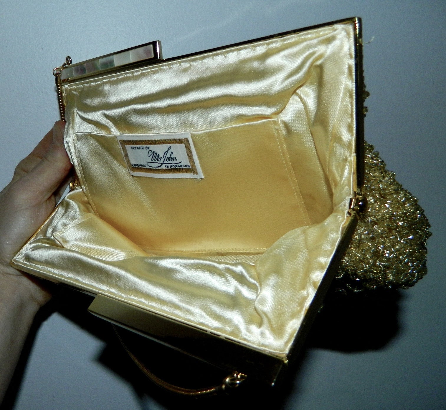 vintage 1950s gold evening bag Mr. John beaded purse Mother of Pearl clasp