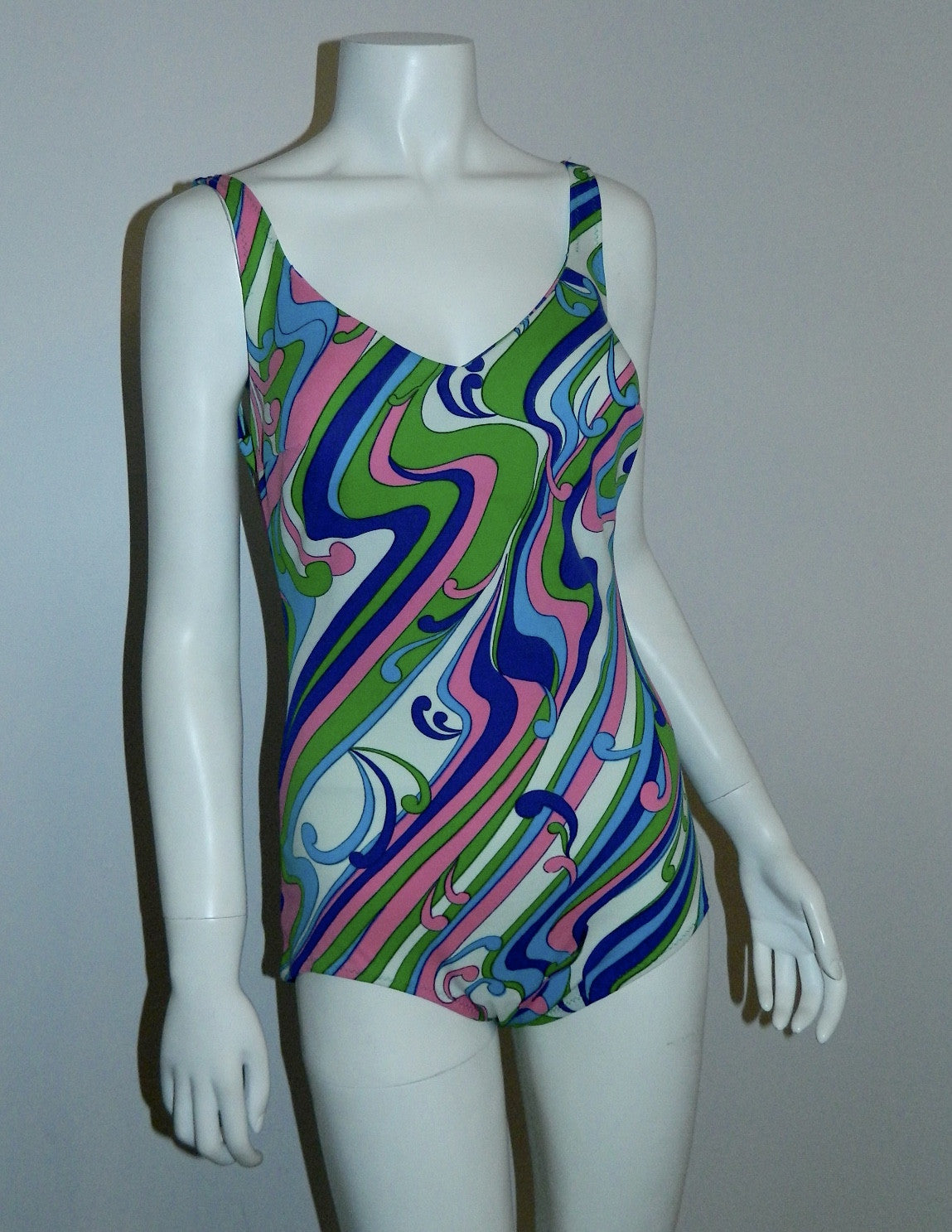 vintage 1960s swimsuit MOD lime pink SWIRL bathing suit S - M