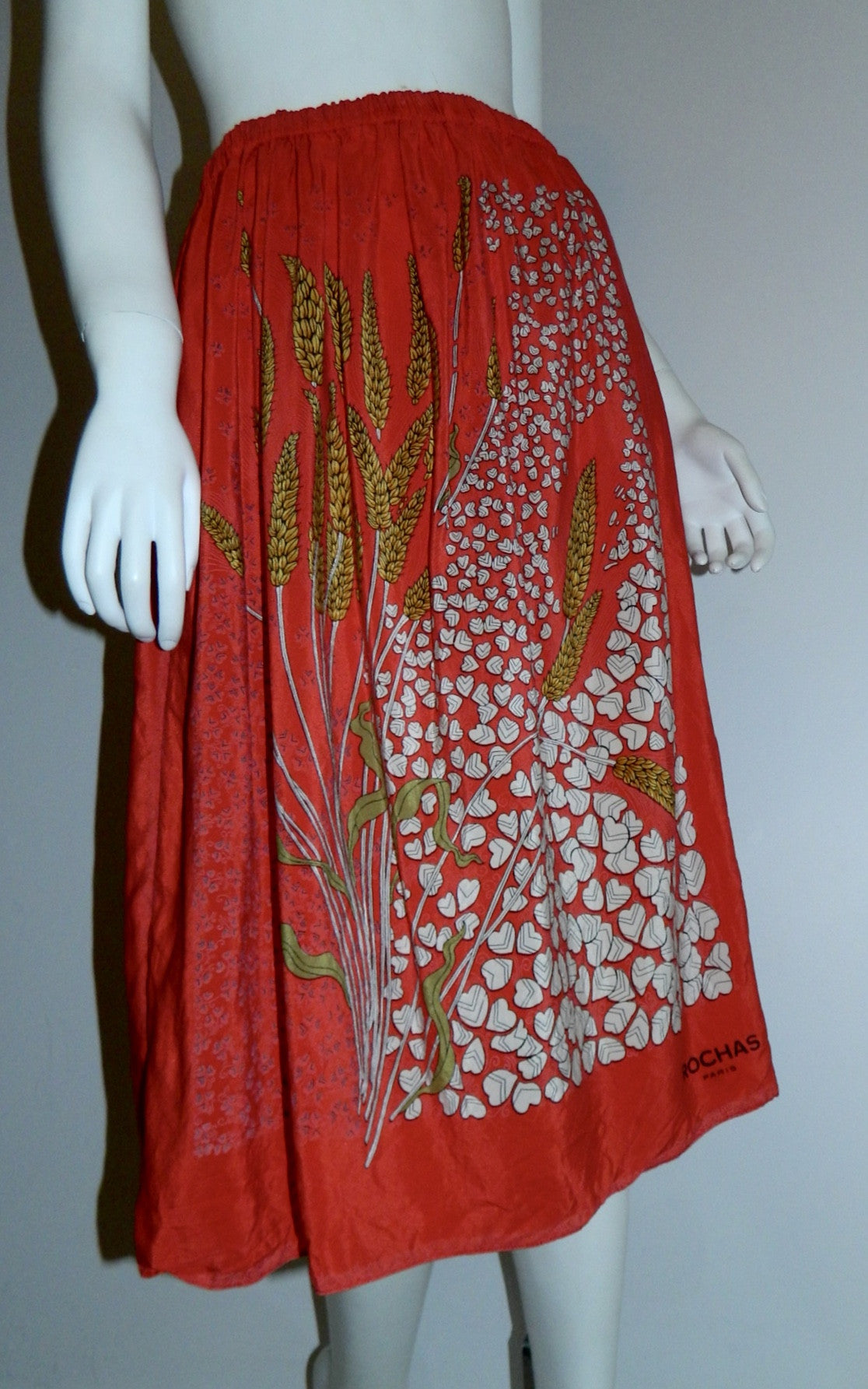 vintage silk midi skirt / 1970s ROCHAS red scarf skirt wheat fields / strapless dress OSFM