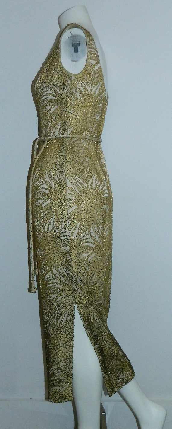 vintage 1960s beaded gown / gold chrysanthemum brocade wiggle dress degrede hand beading