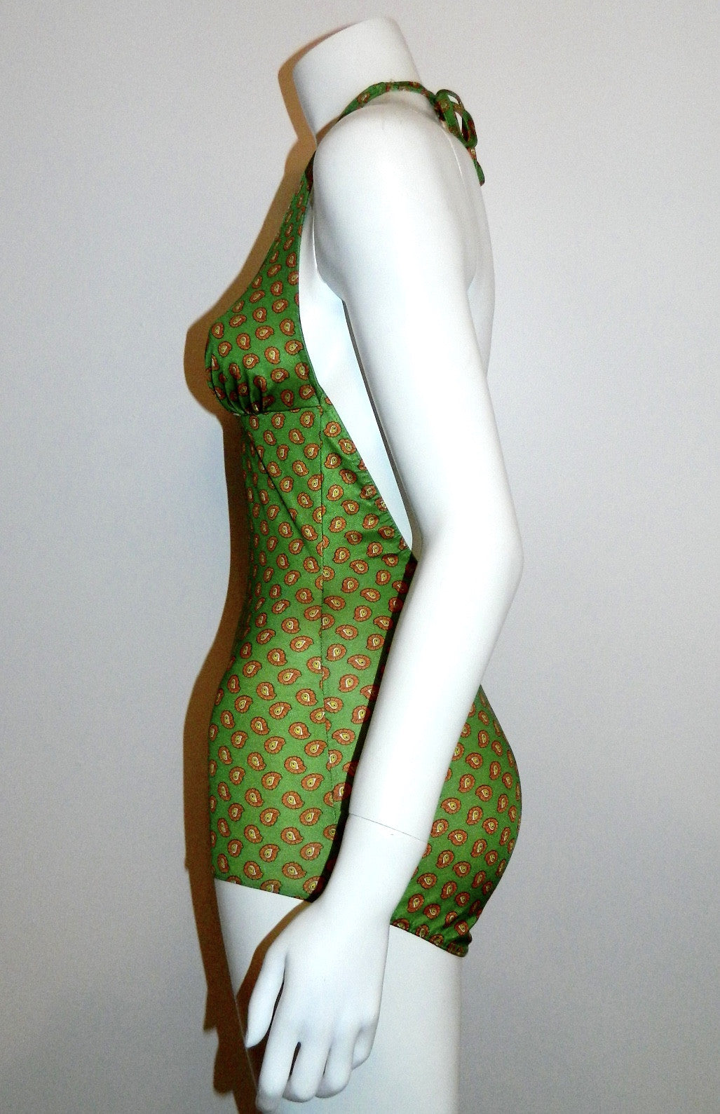 vintage 1970s green paisley JerSea of Sweden swim suit Halter neck bathing suit XS - S