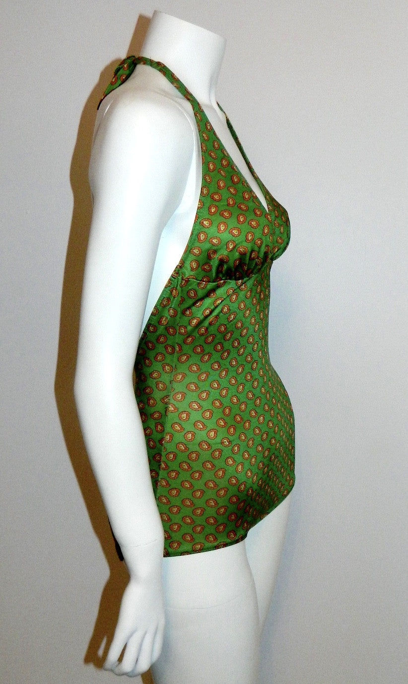vintage 1970s green paisley JerSea of Sweden swim suit Halter neck bathing suit XS - S