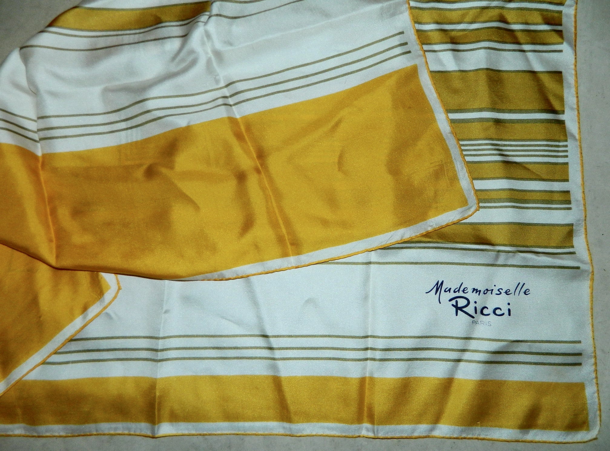 vintage Nina Ricci scarf / 1960s square silk scarf / linear geometric goldenrod silk twill