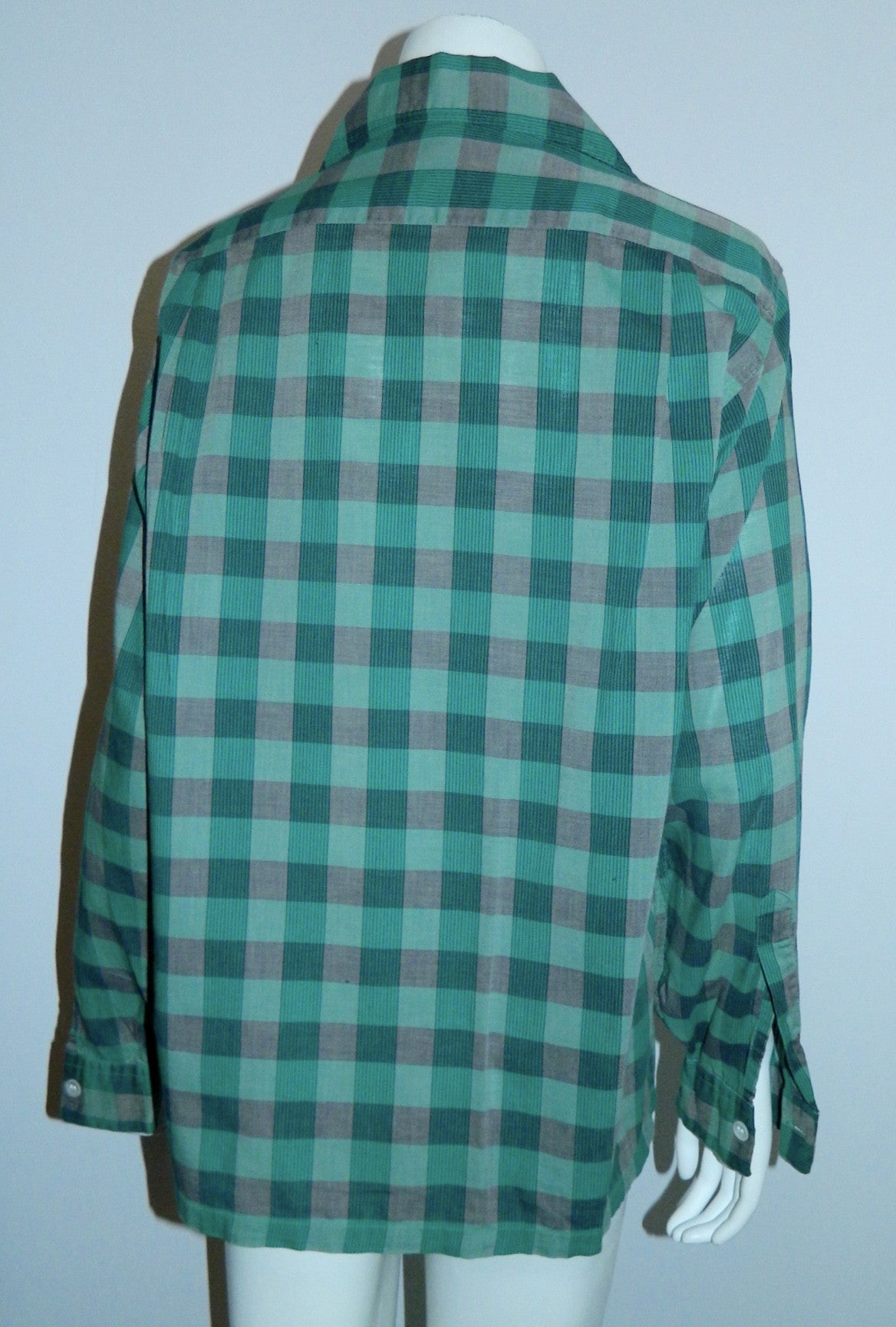 vintage 1940s teal plaid shirt Van Heusen Maggi button loop collar Mens S - M