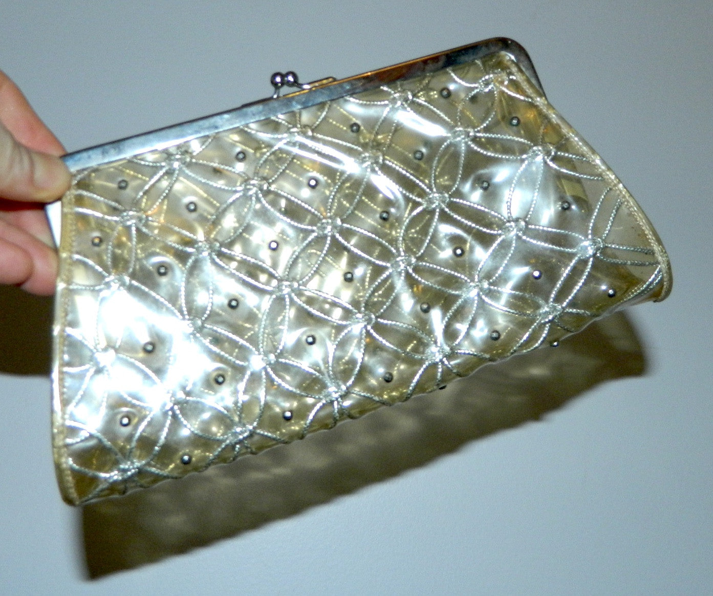 vintage 1950s plastic clutch bag / clear purse / silver metal studs lurex weave