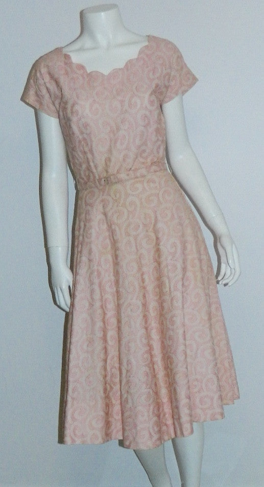vintage 1950s dress peach pink L'Aiglon swirls 50s embroidered day dress XS