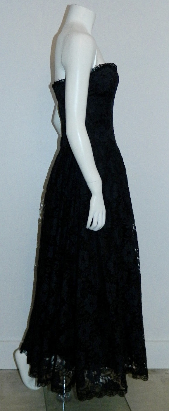 vintage 1980s strapless dress Jessica McClintock black lace dress XS S
