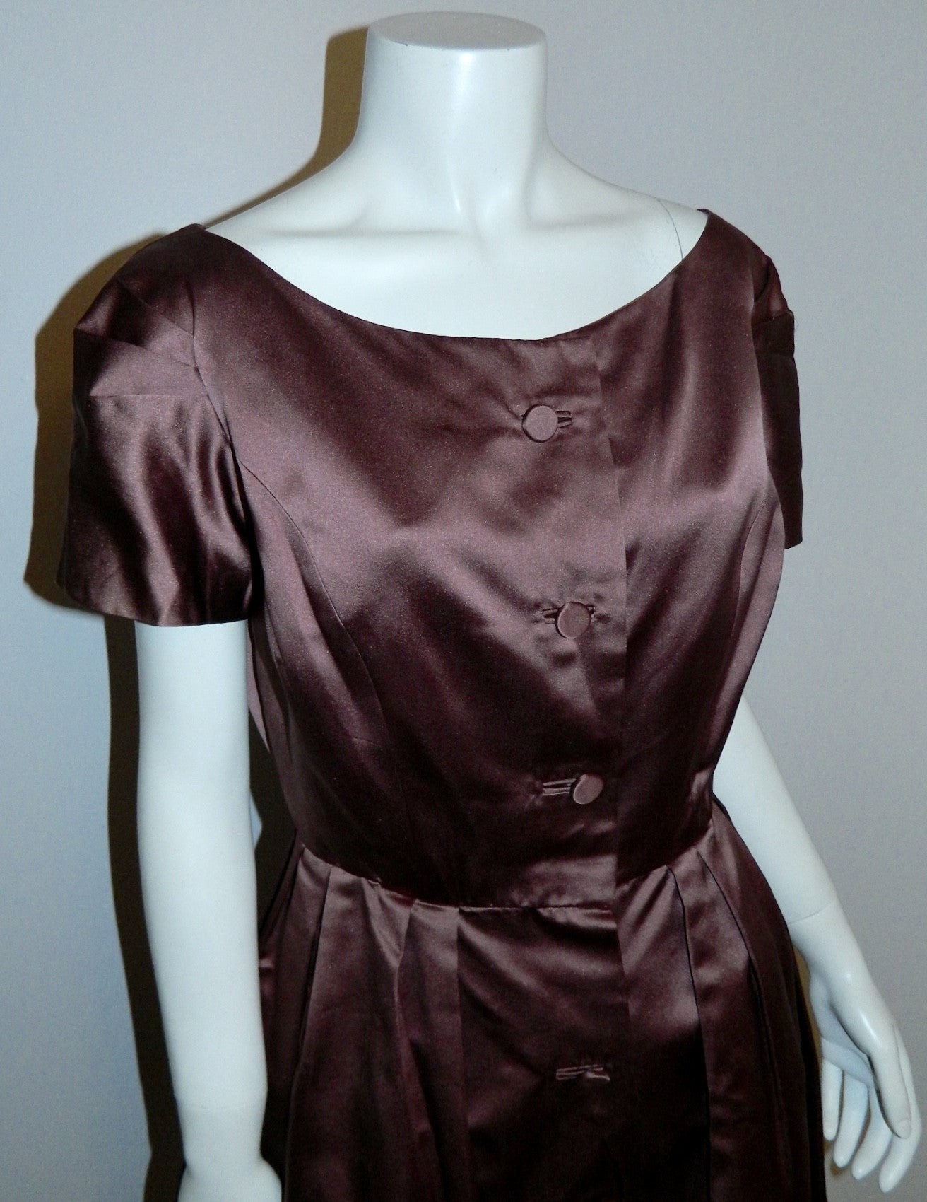 1950s silk satin party dress vintage Mildred Davis mauve 50s shirtwaist frock