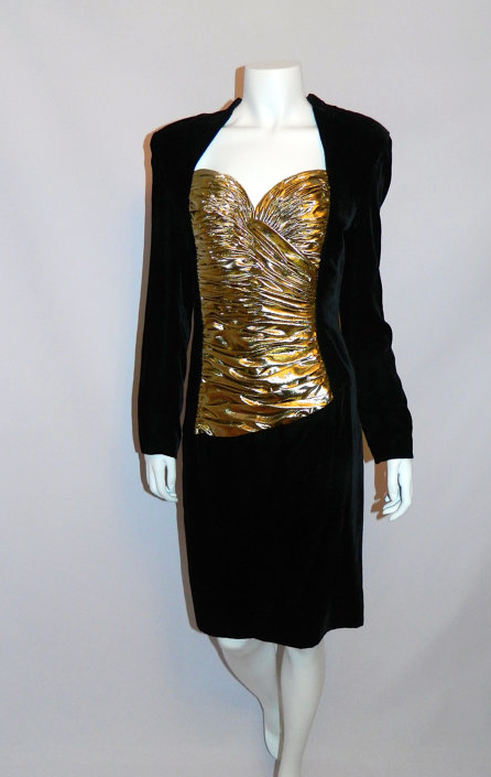 vintage 1980s Vicky Tiel dress black velvet cocktail dress gold bustier S