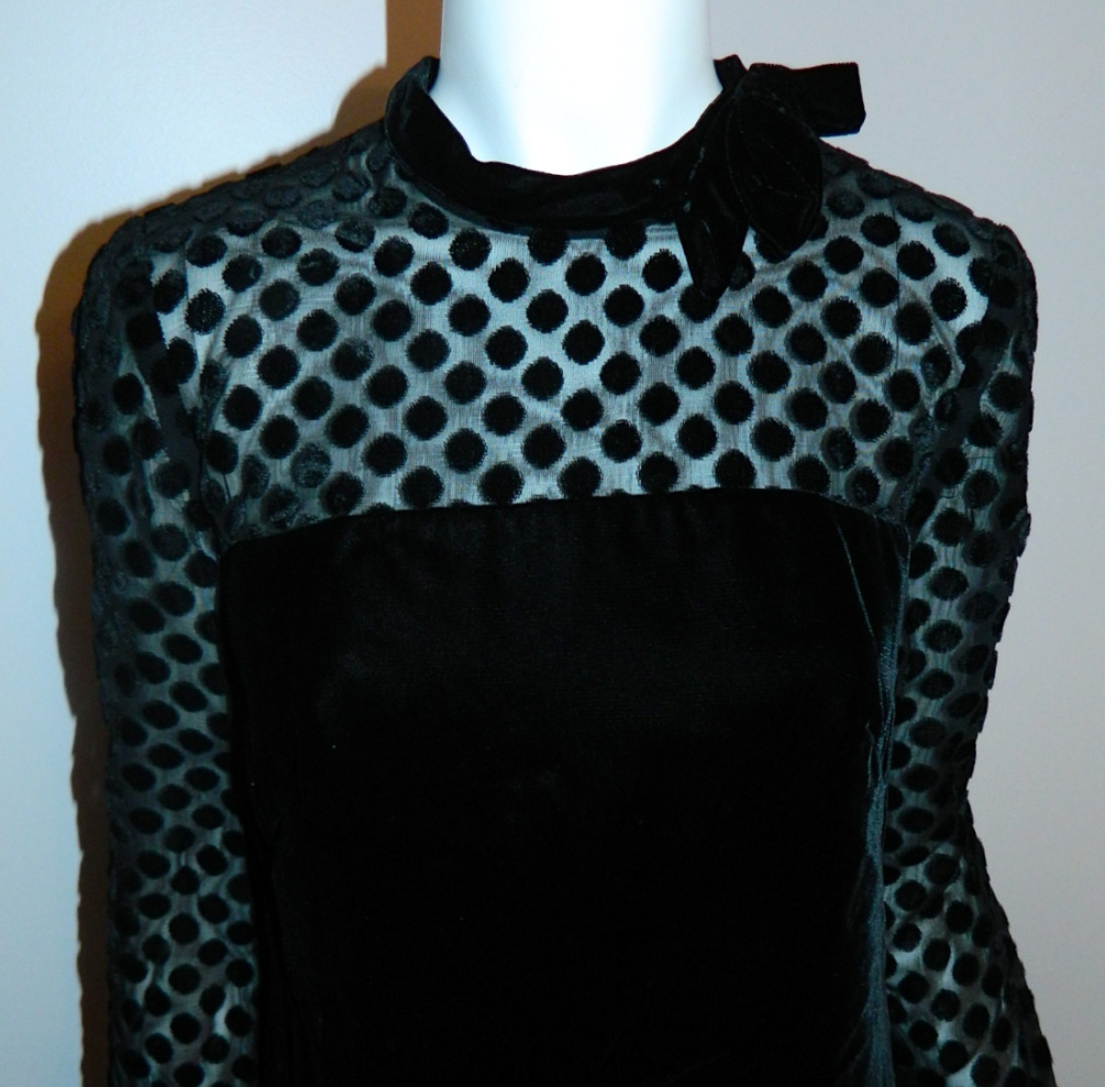vintage 1960s mini dress MOD black velvet dress sheer sleeves Swiss dot XS