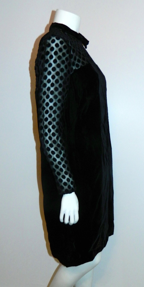 vintage 1960s mini dress MOD black velvet dress sheer sleeves Swiss dot XS