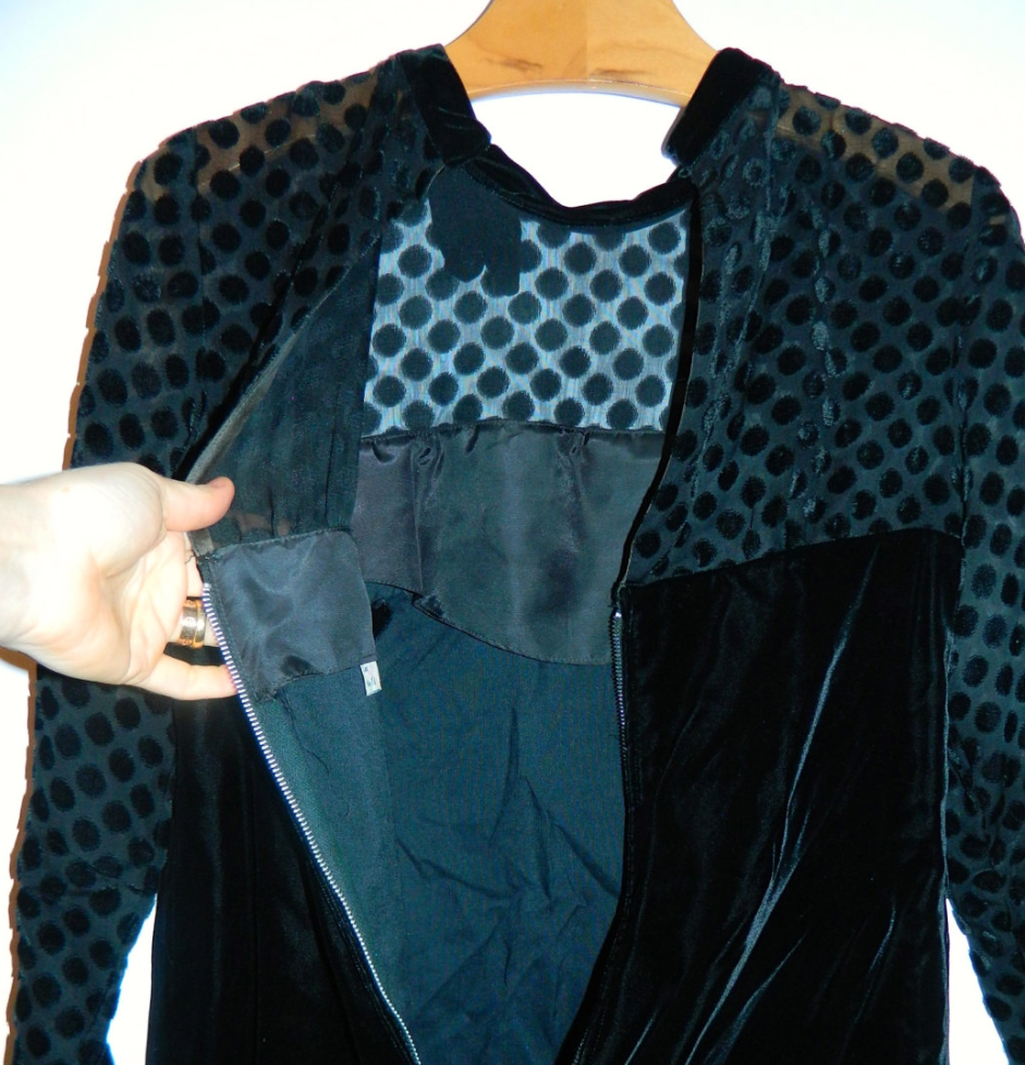 vintage 1960s mini dress MOD black velvet dress sheer sleeves Swiss dot XS