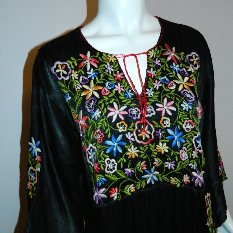 1940s vintage black EMBROIDERED caftan rayon satin gown OS