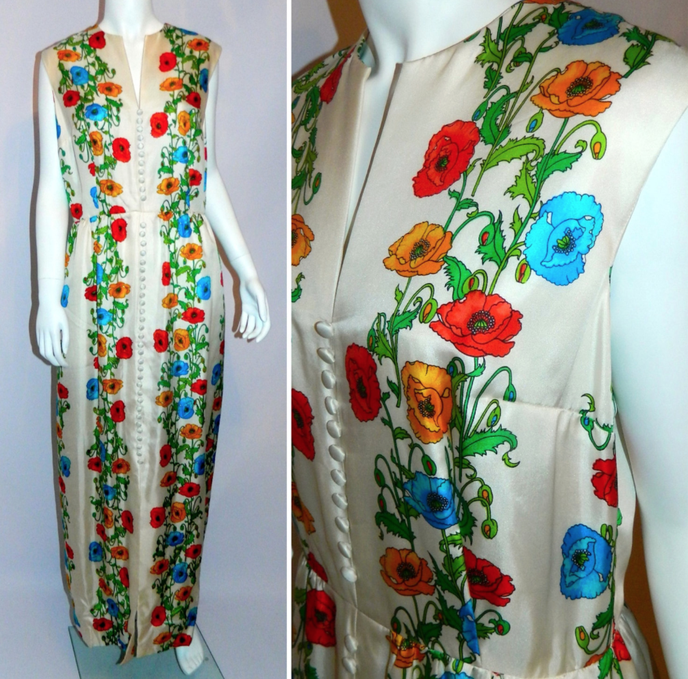 vintage silk gown 1970s Kaplan white floral maxi dress M Boho luxe wedding