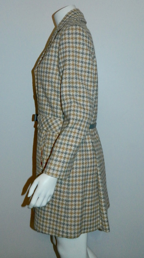 vintage 1960s plaid peacoat MOD wool coat gray camel Houndstooth S - M