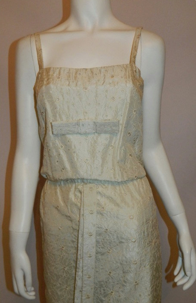 vintage 1960s silk wedding gown 60s ivory eyelet column dress XS