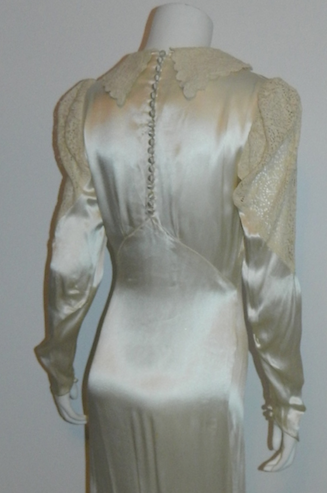 Art Deco silk satin wedding gown 1930s bias cut ivory button back dress lace sleeves XS