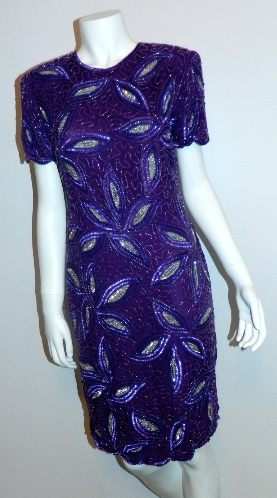 vintage beaded dress 1980s purple silk cocktail dress XS