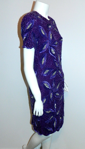 vintage beaded dress 1980s purple silk cocktail dress XS