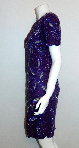 vintage beaded dress 1980s purple silk cocktail dress XS