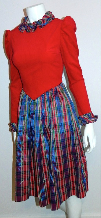 vintage 1970s Yves Saint Laurent dress red velvet bodice / plaid taffeta full skirt