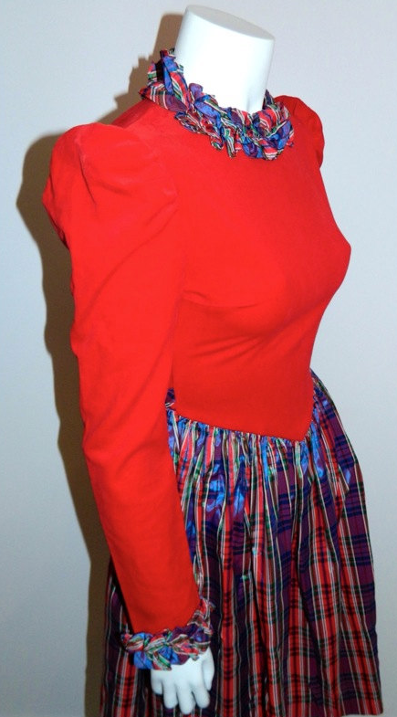 vintage 1970s Yves Saint Laurent dress red velvet bodice / plaid taffeta full skirt