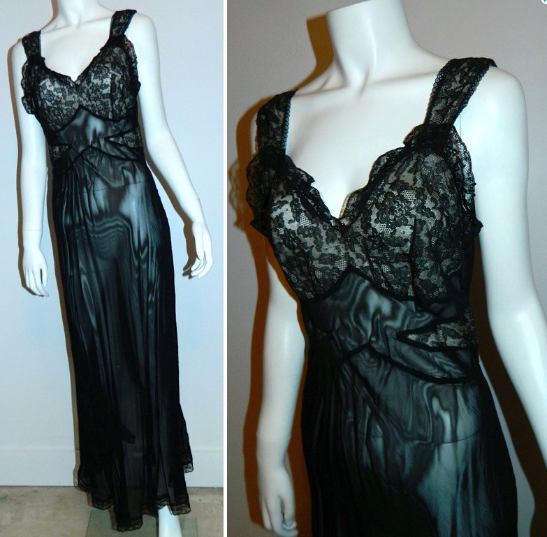vintage 1930s black Mondaine lace slip Art Deco bias cut gown 32 / XS