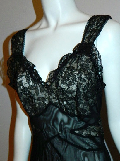 vintage 1930s black Mondaine lace slip Art Deco bias cut gown 32 / XS