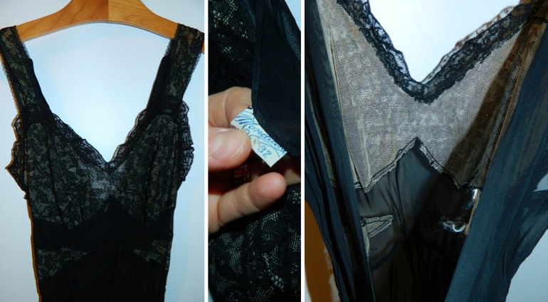 vintage 1930s black Mondaine lace slip Art Deco bias cut gown 32 / XS