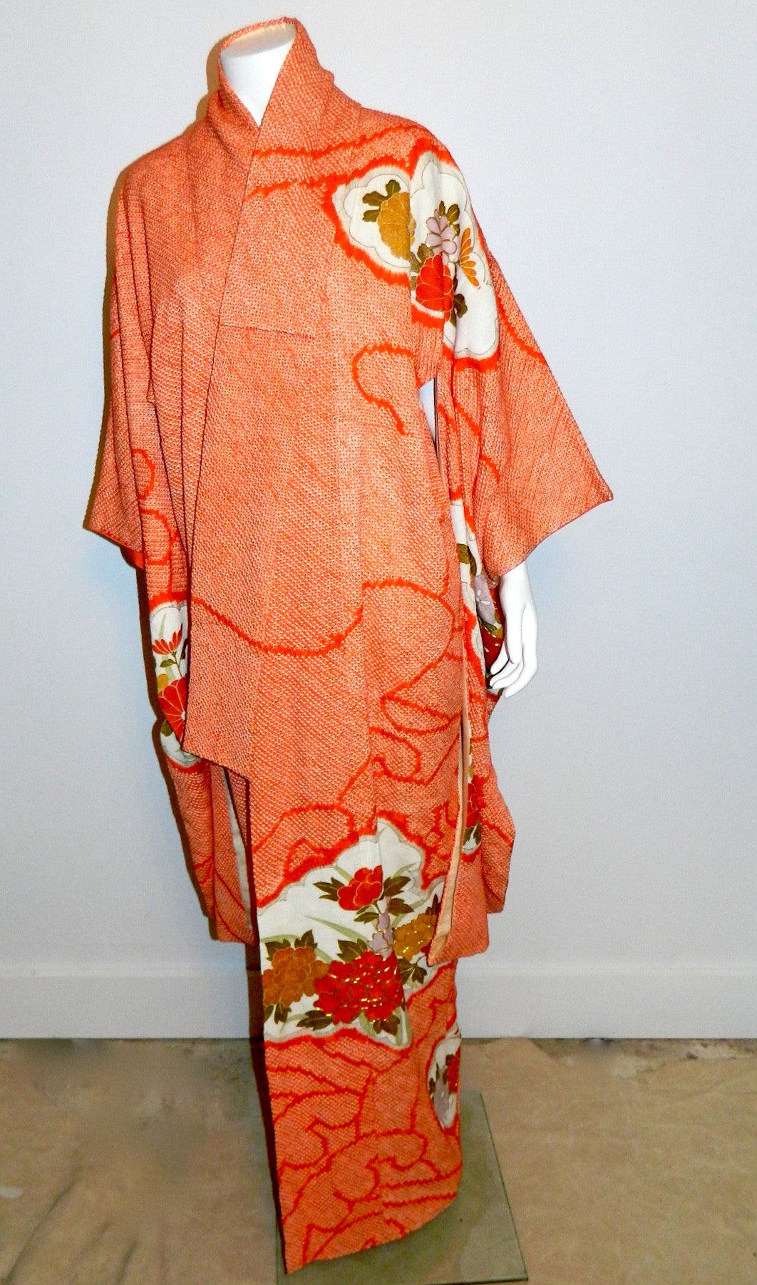 antique Japanese orange Shibori silk kimono / gold floral embroidery / formal full length jacket