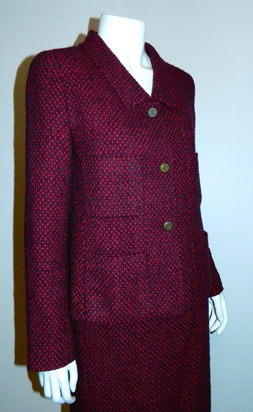 vintage 1980s CHANEL tweed suit plum blue wool boucle jacket skirt CC logo buttons S - M