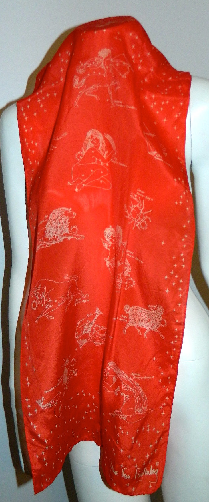 vintage Diane Von Furstenberg silk scarf red Zodiac print astrology