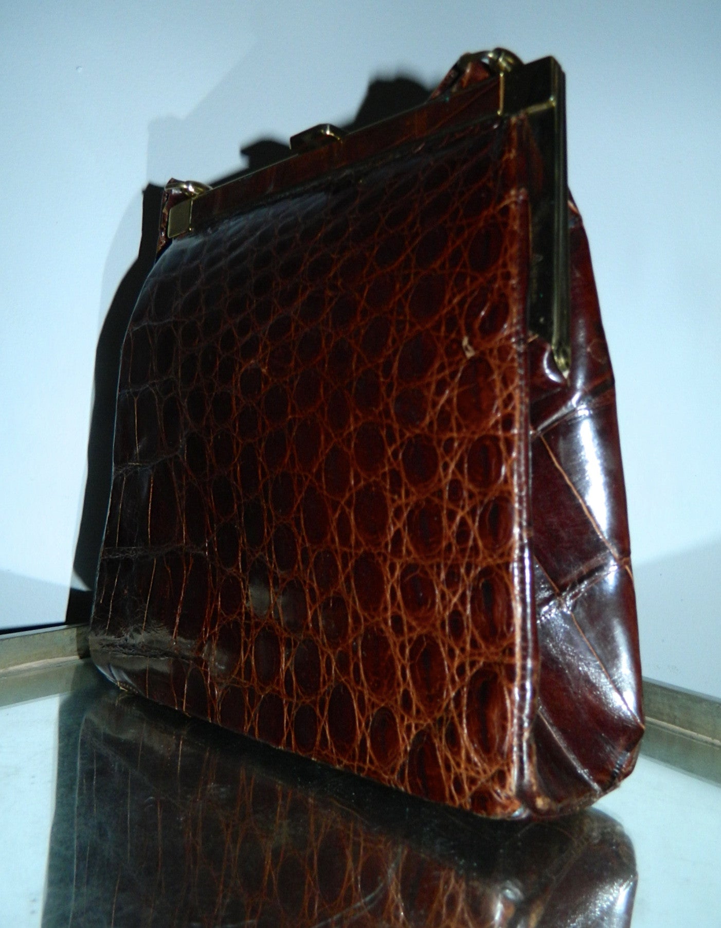 vintage 1960s brown ALLIGATOR handbag gold frame purse