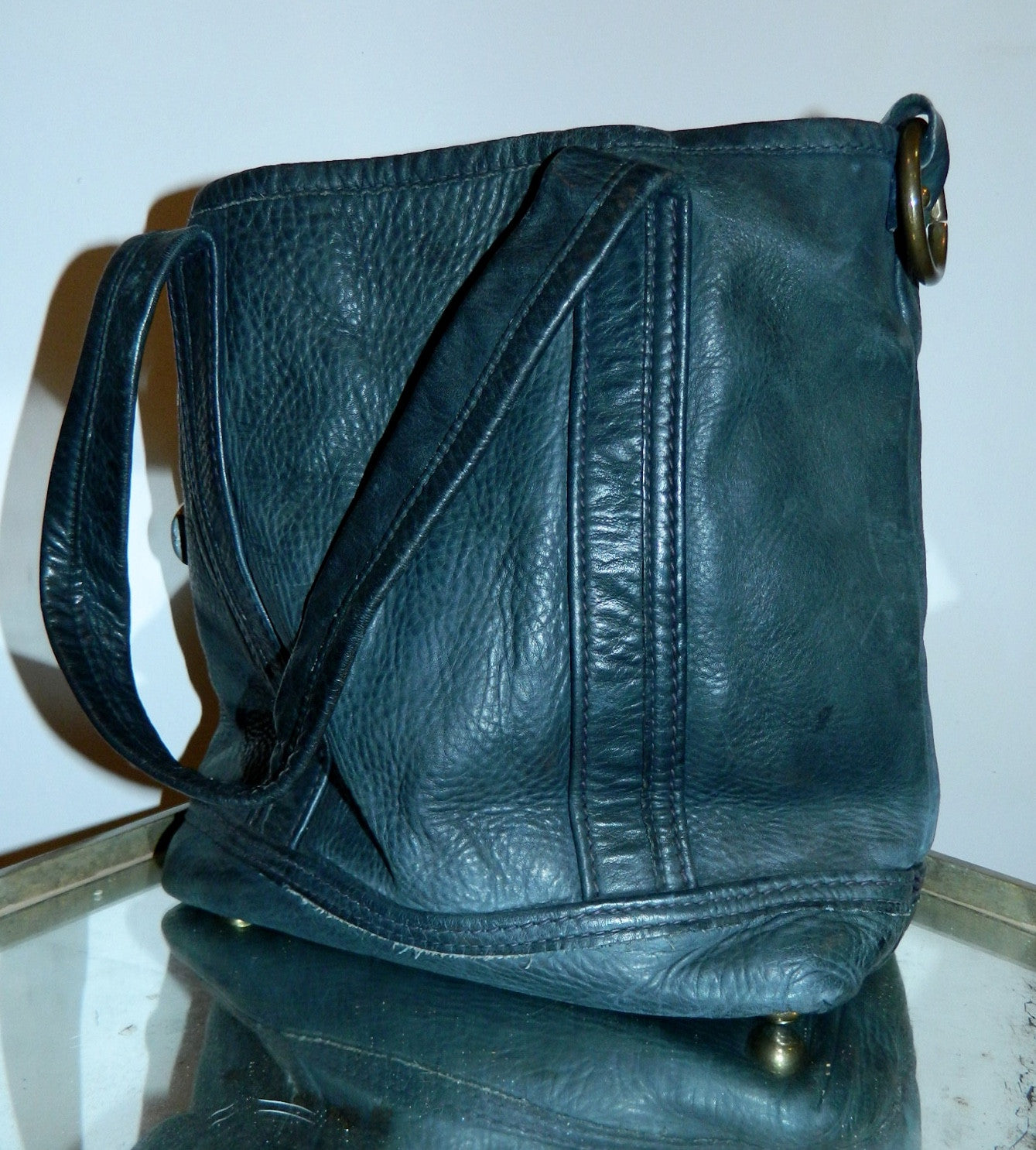 vintage blue saddle leather tote bag Lee Stemer for Ronay handbag purse 1970s