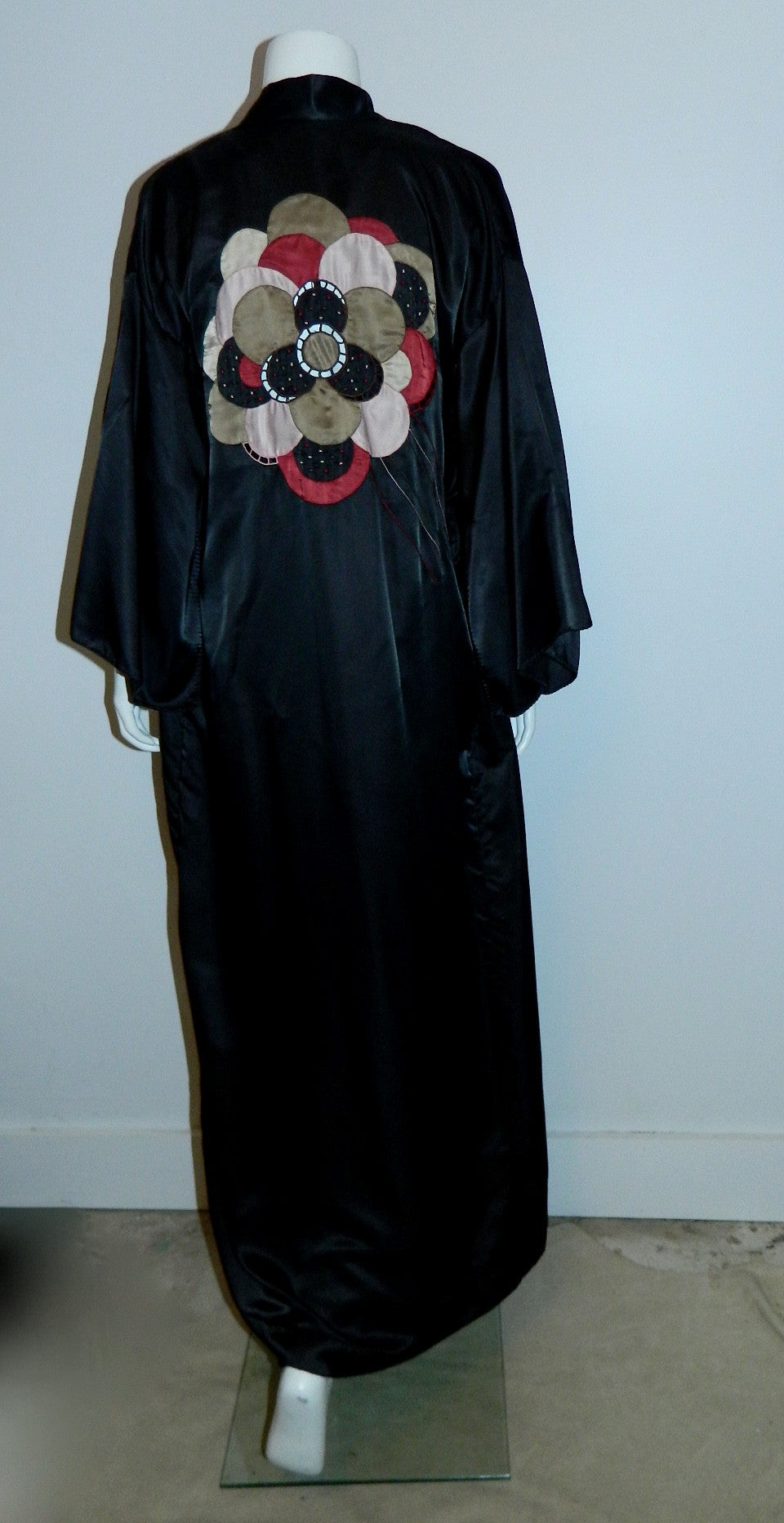 black satin Ora Feder nightgown robe peignoir set / hand embroidery / 1970s vintage