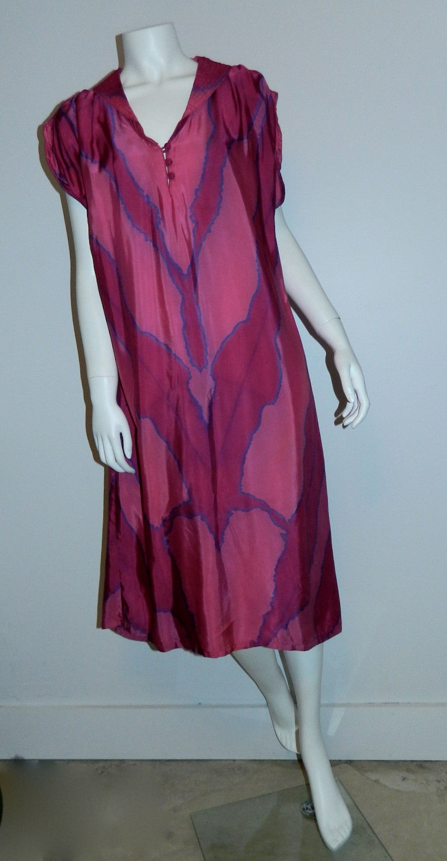 magenta silk HAND DYED poets dress / vintage 1970s / artist made OOAK