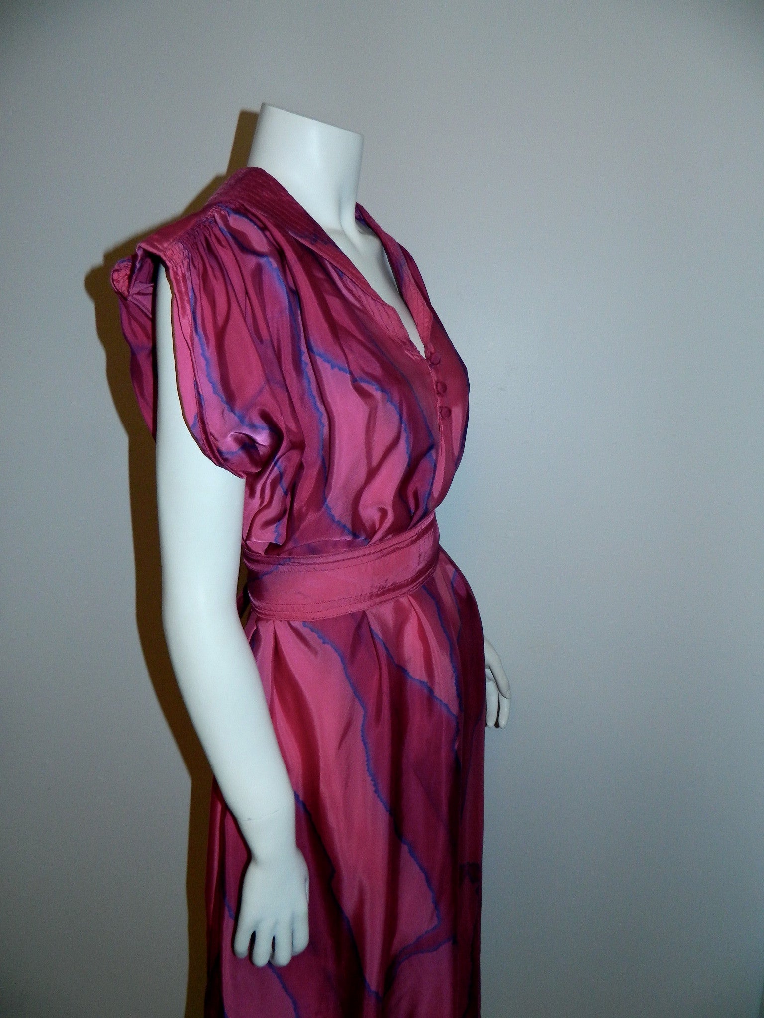 magenta silk HAND DYED poets dress / vintage 1970s / artist made OOAK